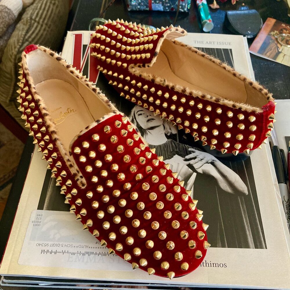 Christian Louboutin gold spike loafers red velvet rollerboy smoking 38.5 7.5 8